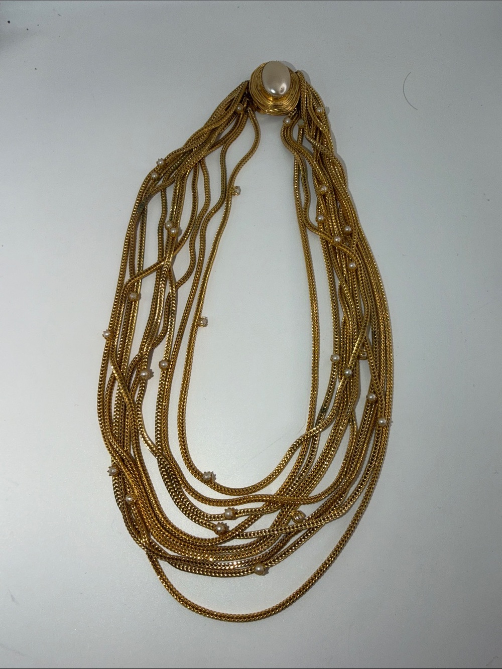 Vintage Eugene Multi Strand Gold Tone Faux Pearl Statement Necklace